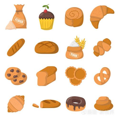甜面包, 羊角面包, 面粉, 蛋糕, 甜甜圈產(chǎn)品.矢量烘焙食品圖標.